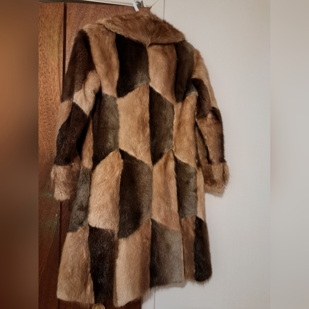Muskrat multi-coloured long winter coat, Genuine fur, size Small